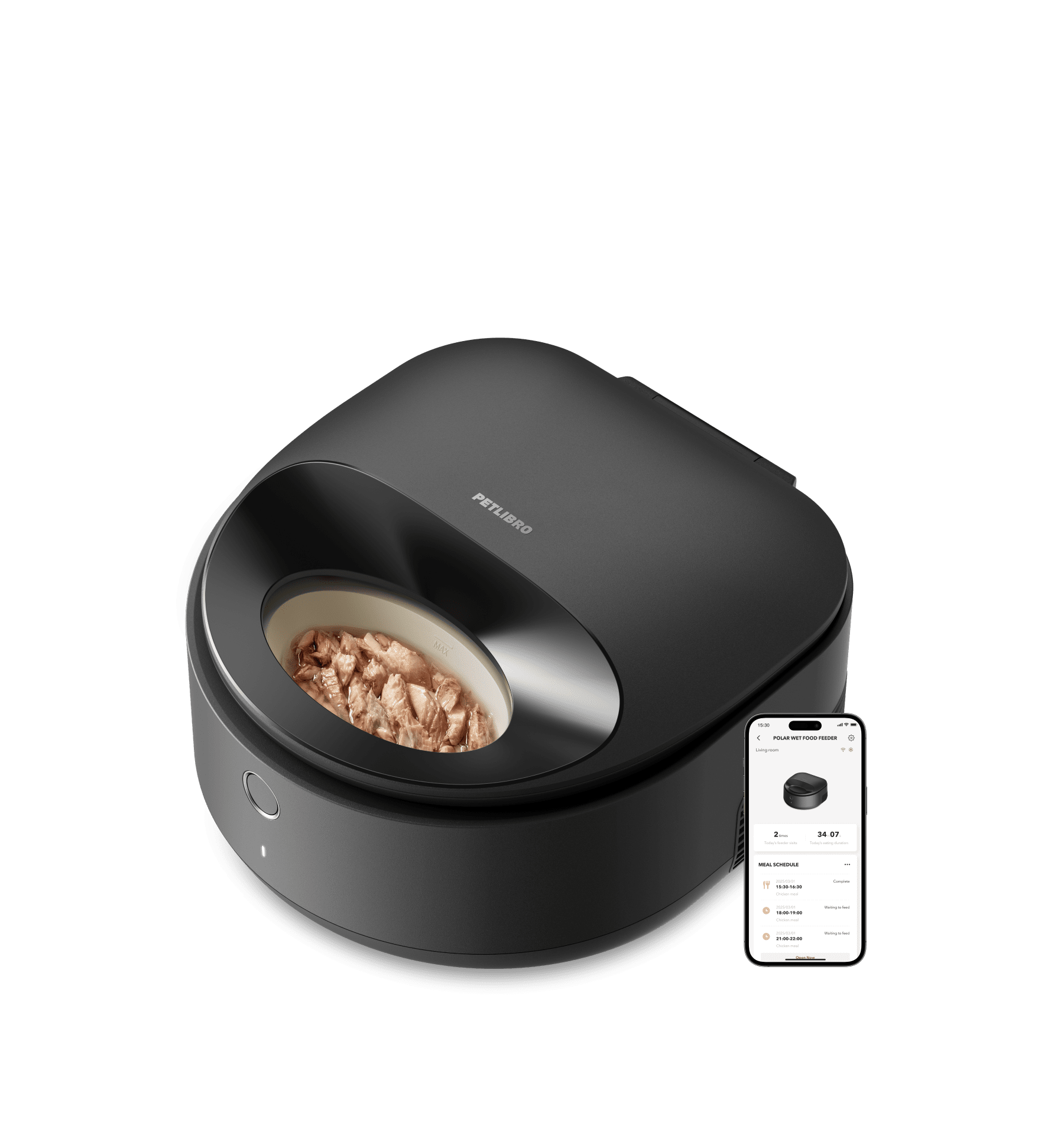 Petlibro black automatic wet pet food feeder with visible food bowl and smartphone app control display