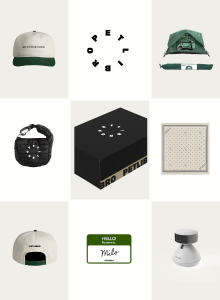 Petlibro collection featuring a beige and green cap, green portable pet tent, black quilted pet bag, black branded box, beige patterned pet blanket, green name tag, and white pet camera.