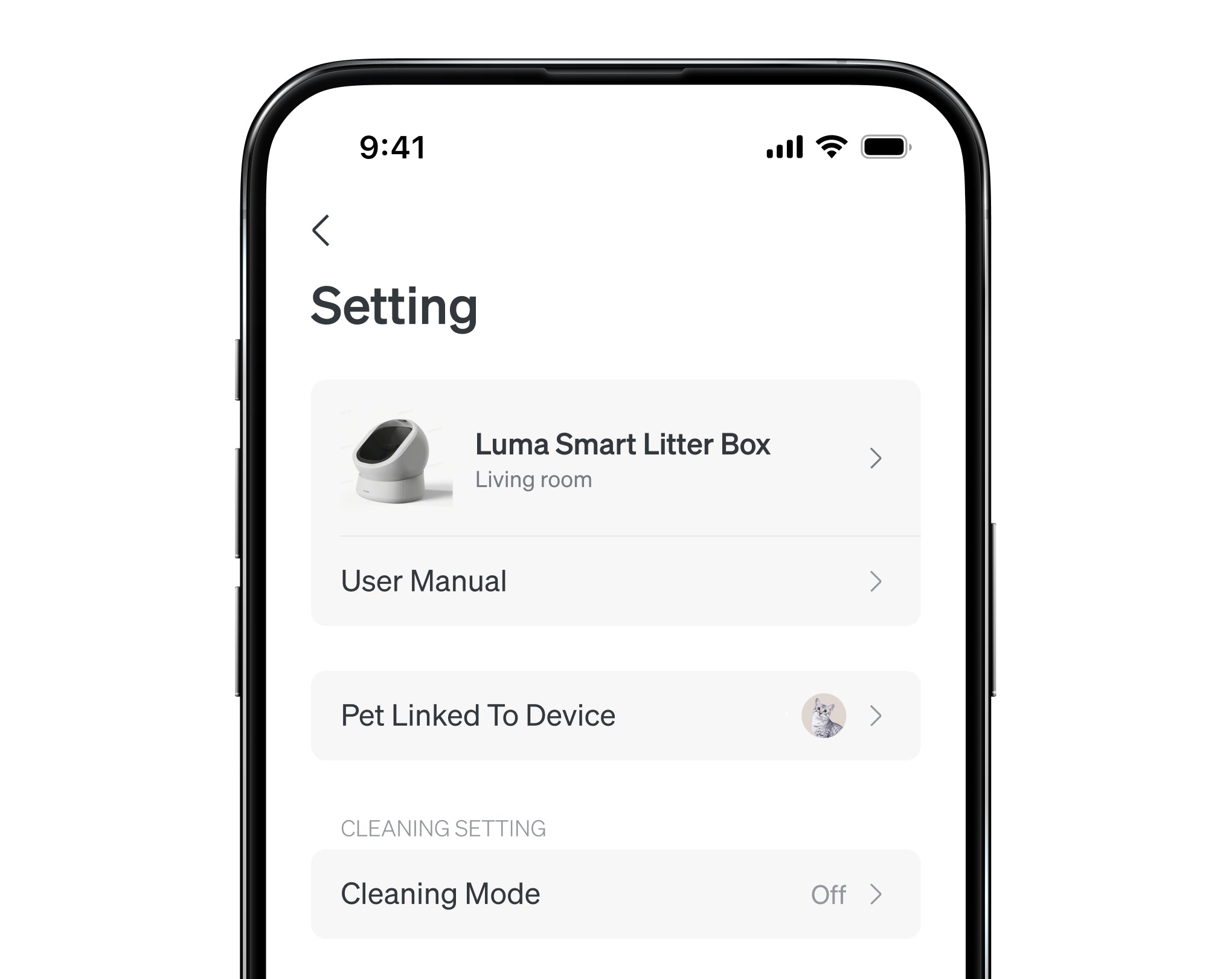 Petlibro app settings screen showing Luma Smart Litter Box controls, pet profile, and cleaning mode options on a smartphone display