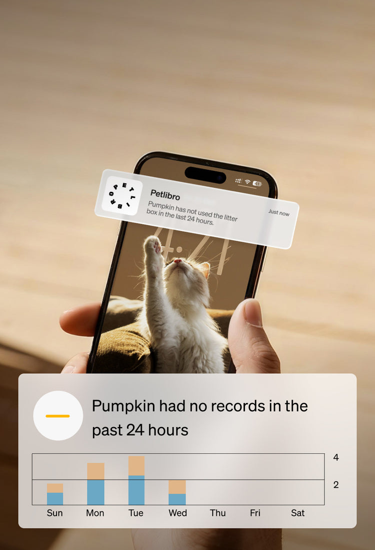 Petlibro smartphone app showing cat health alert and activity chart for litter box usage monitoring