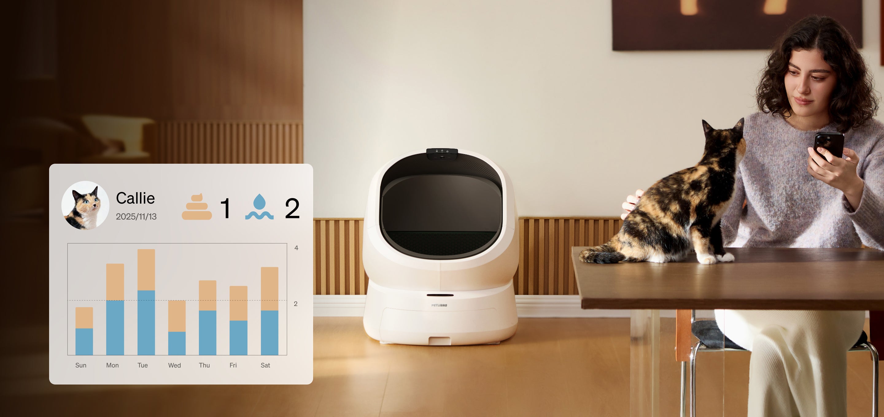 Petlibro automatic self-cleaning litter box in beige with a woman and calico cat in a modern home setting