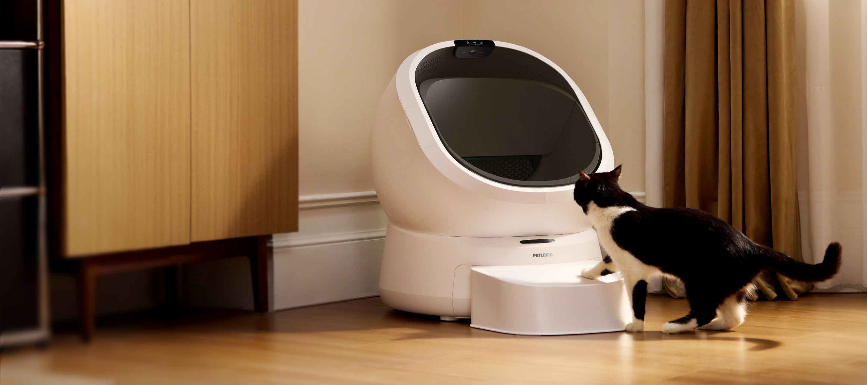 Petlibro automatic self-cleaning litter box in white with black interior, shown with a black and white cat approaching the entrance in a home setting