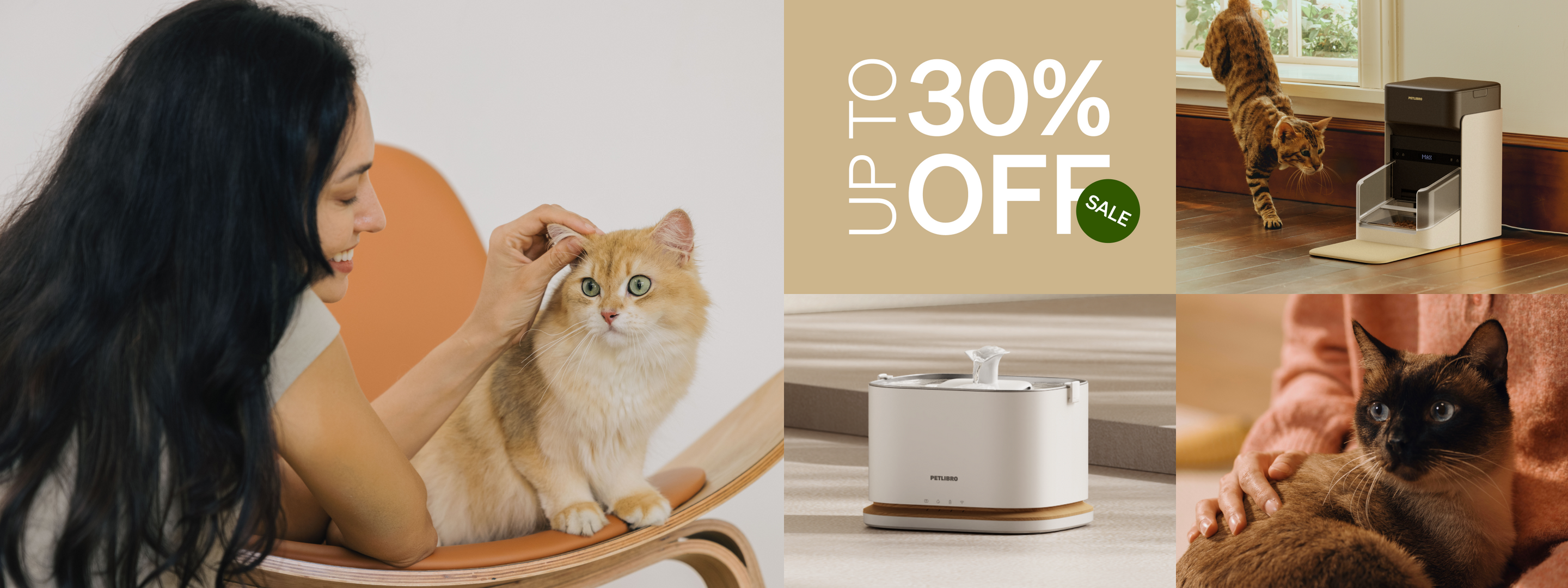 Petlibro lifestyle scene featuring a woman petting a cat, a Petlibro feeder, and a fountain, highlighting a 30% sale.