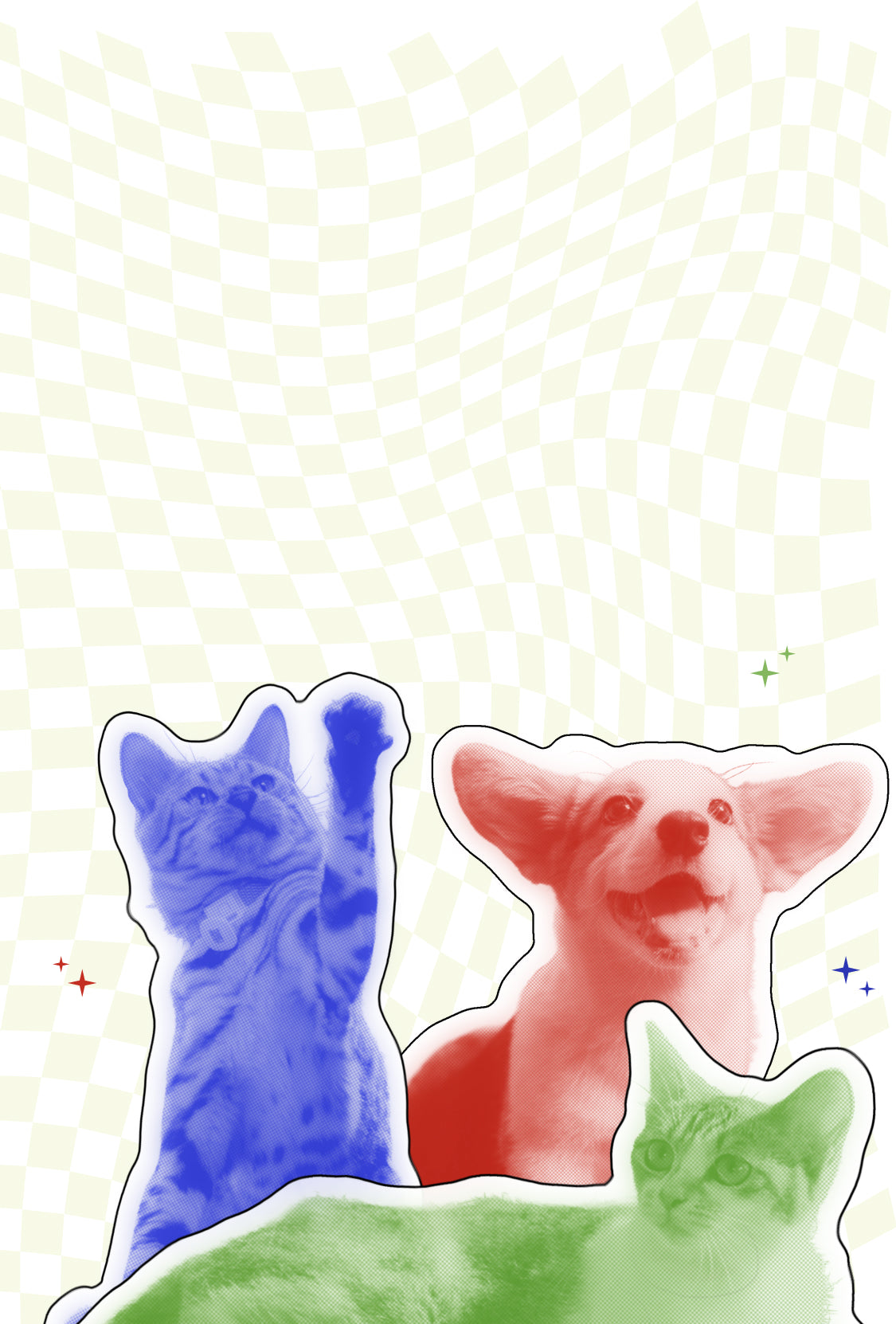 Colorful pop-art cat and dog portraits on a pale green wavy checkerboard background.