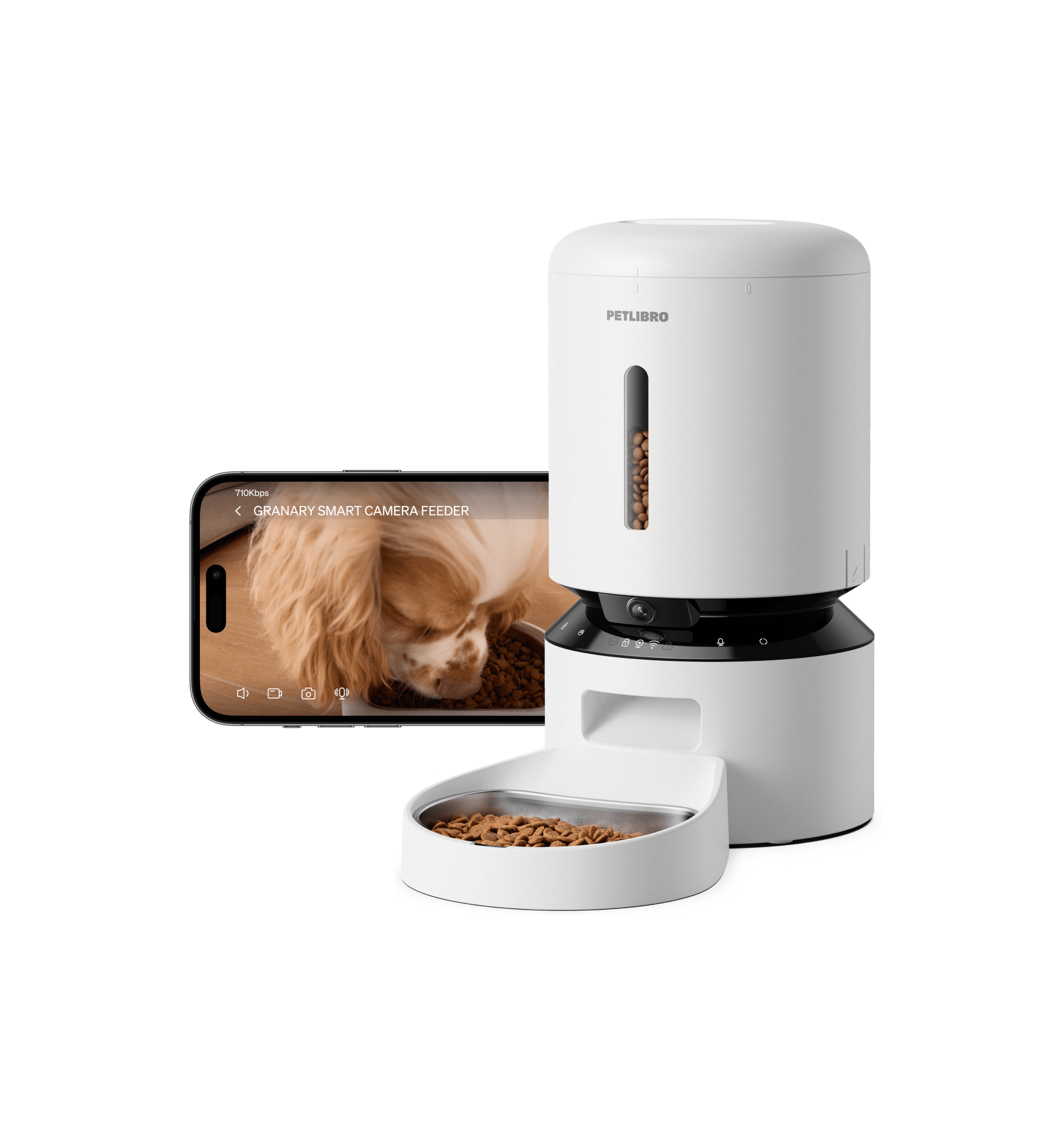Petlibro white automatic smart pet feeder with camera and stainless steel bowl, shown with mobile app monitoring a dog eating