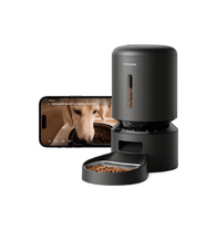 Petlibro black smart automatic pet feeder with camera and app showing a dog eating dry food