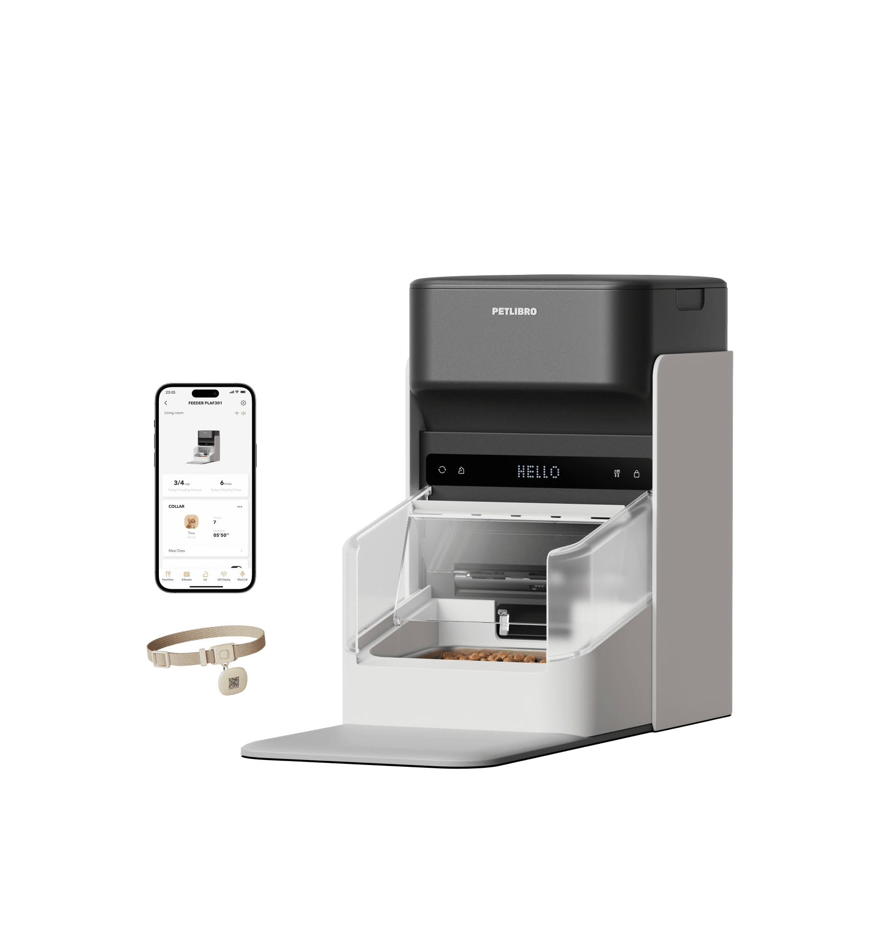 Petlibro smart automatic pet feeder in gray and white with app control and pet collar for portioned feeding