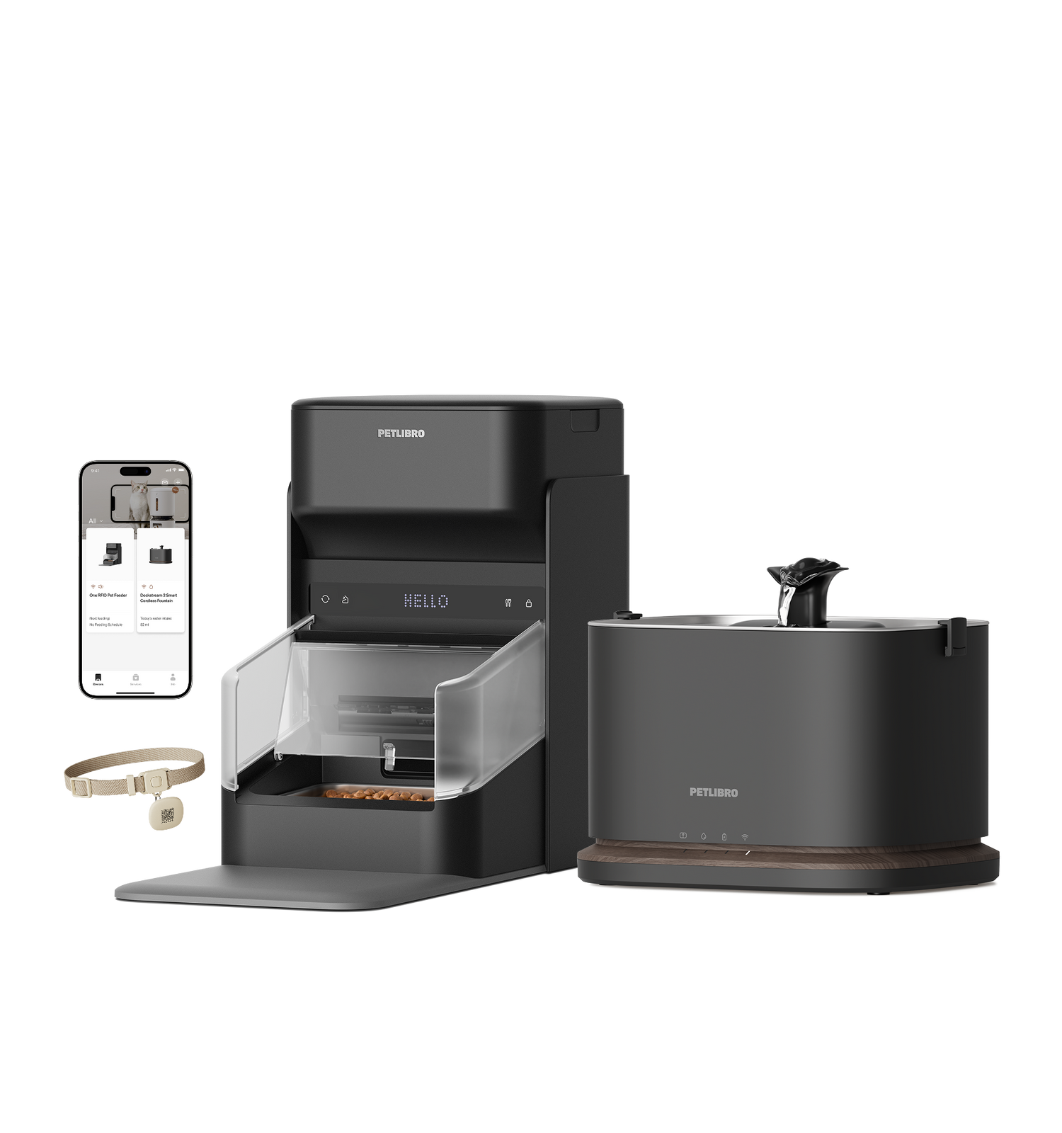 Petlibro PETLIBRO pet feeder and cat water fountain set; app screen shown, includes cat collar tag, not a litter box