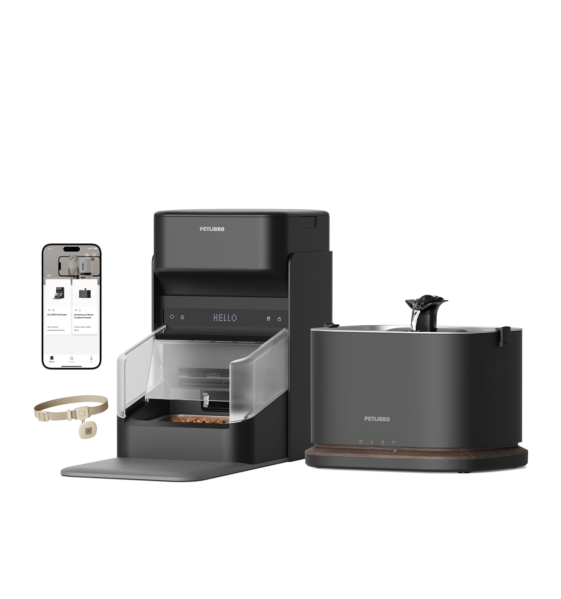 Petlibro PETLIBRO pet feeder and cat water fountain set; app screen shown, includes cat collar tag, not a litter box