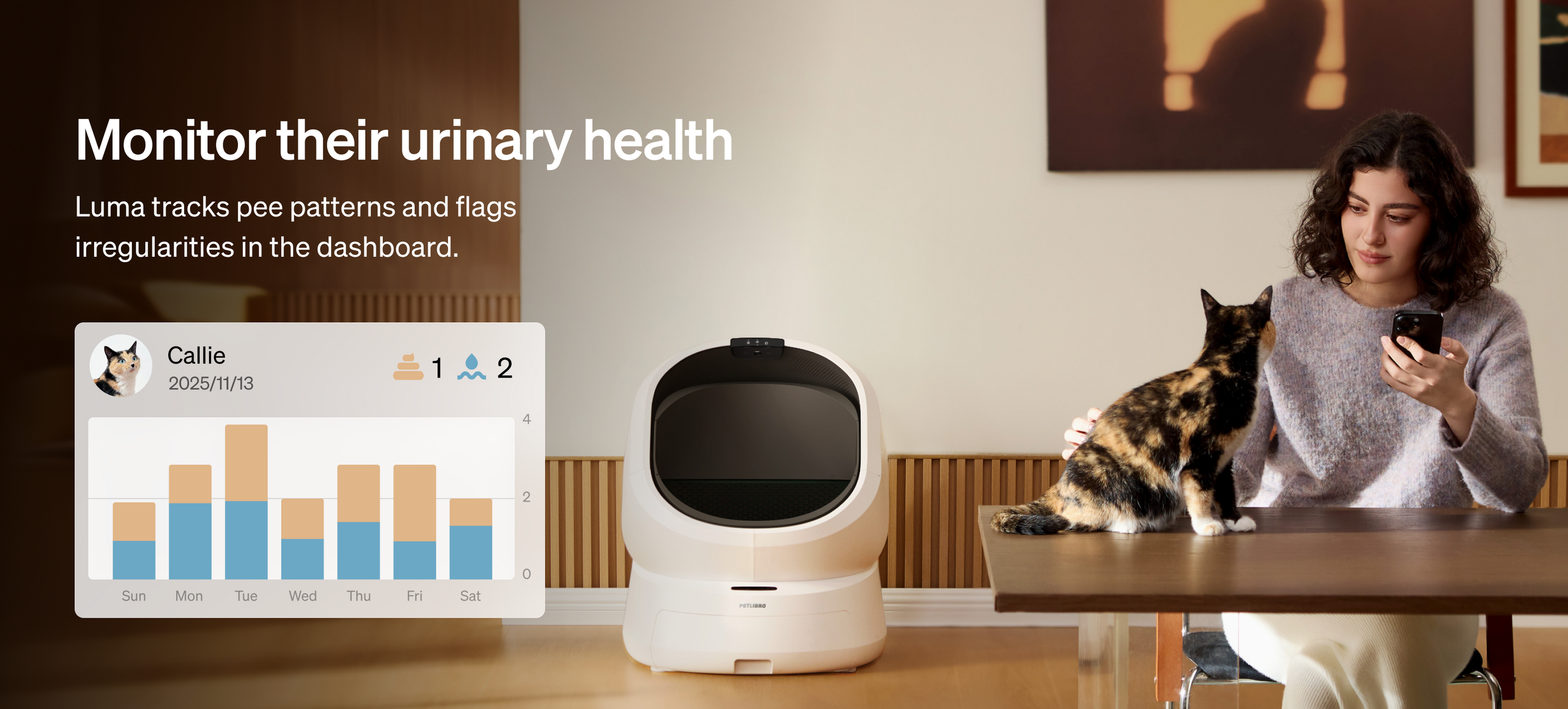 Petlibro Luma smart litter box, automatic self cleaning litter box with Petlibro Luma odor control; woman checks app by cat
