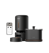 Petlibro PETLIBRO pet feeder and cat fountain set in black, with app control phone screen and flowing water spout