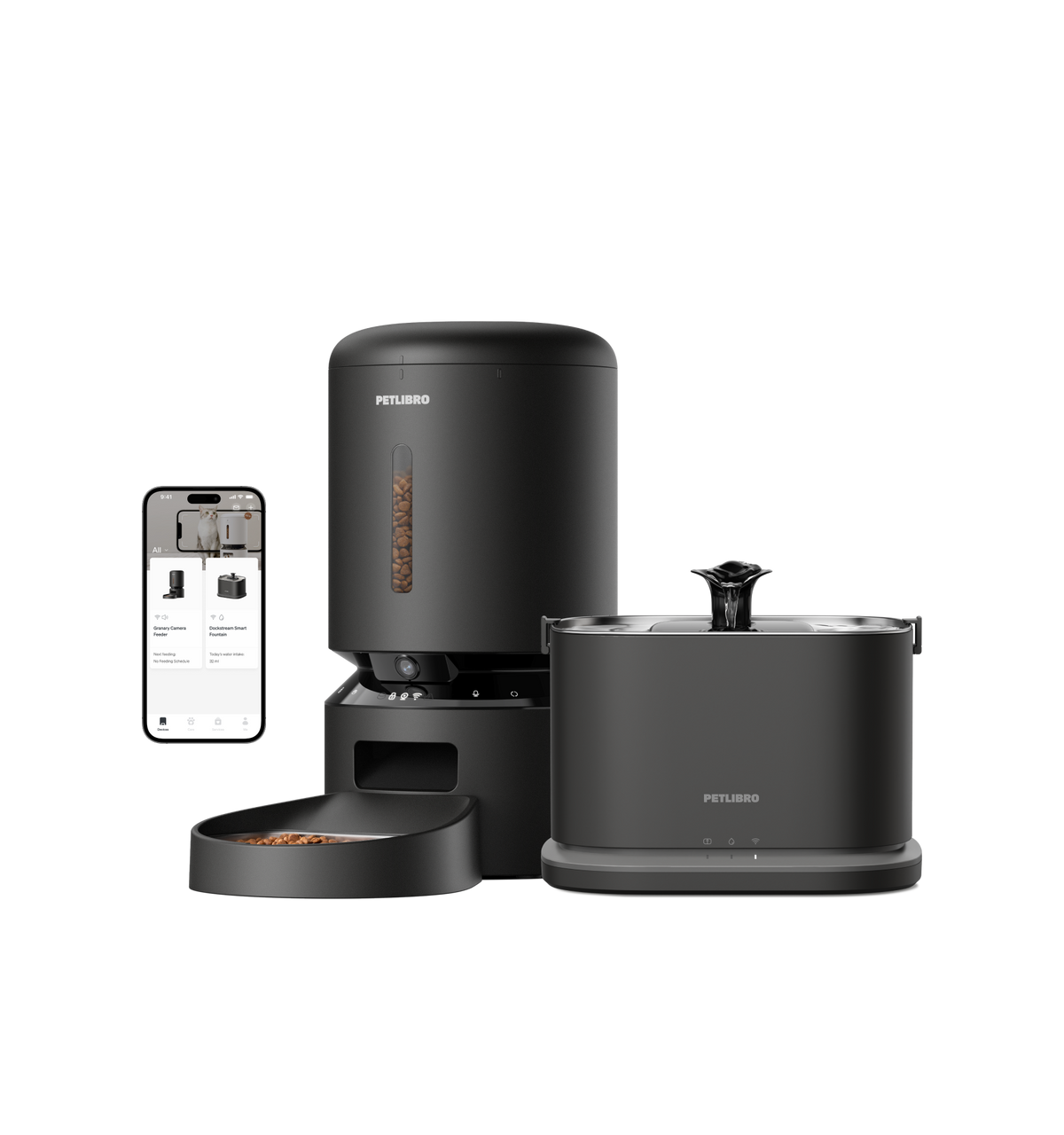 Petlibro PETLIBRO pet fountain and smart cat feeder set in black, with app control phone screen and kibble window