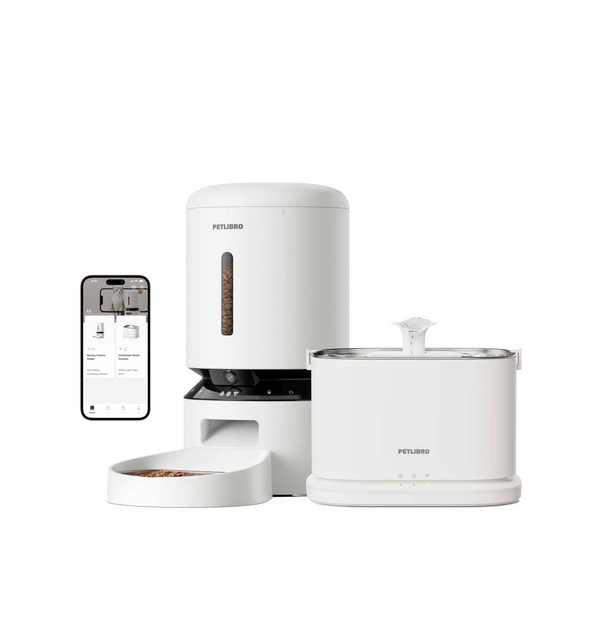 Petlibro PETLIBRO pet fountain and smart cat feeder set in white, with app control shown on smartphone screen