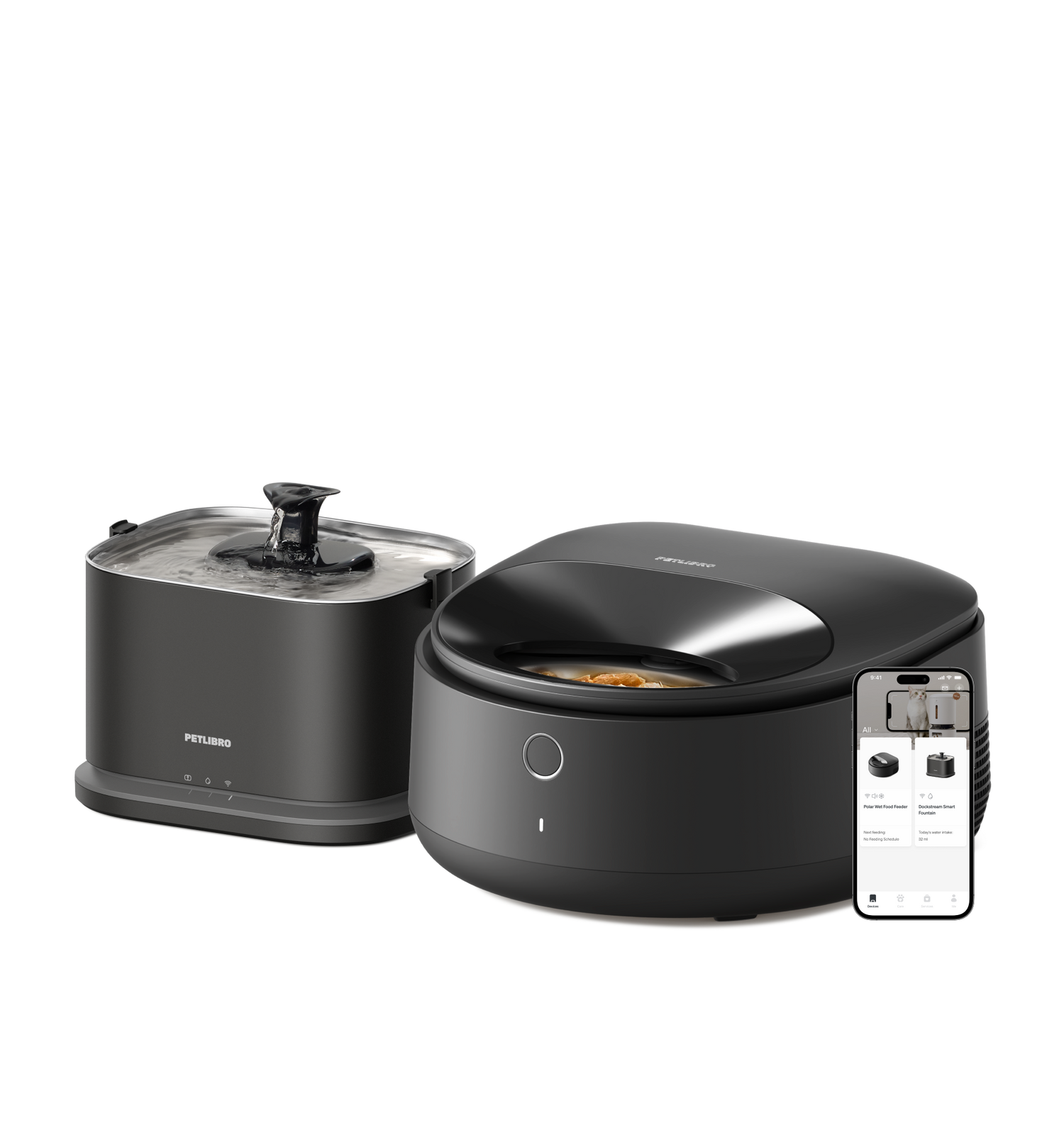 Petlibro PETLIBRO pet fountain and smart cat feeder, black, with flowing water spout and app control on phone screen