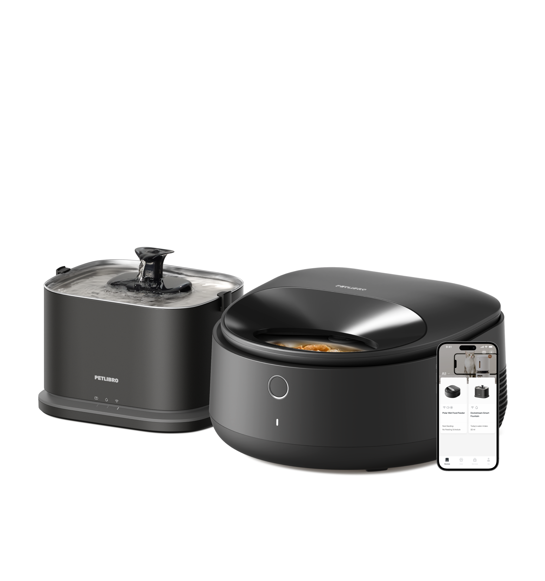 Petlibro PETLIBRO pet fountain and smart cat feeder, black, with flowing water spout and app control on phone screen