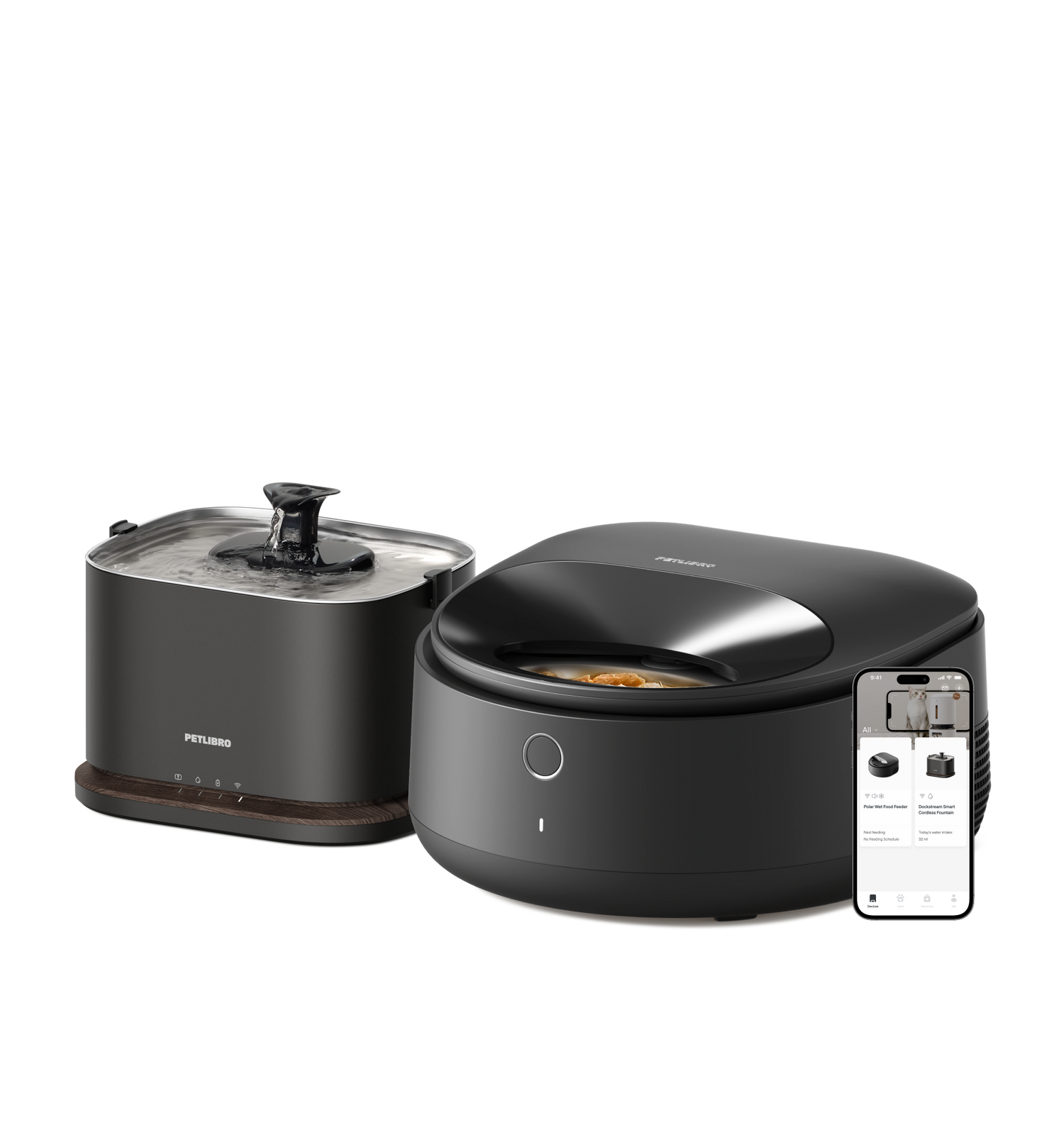 Petlibro PETLIBRO pet fountain and smart cat feeder, black, with flowing water spout and app control on phone screen