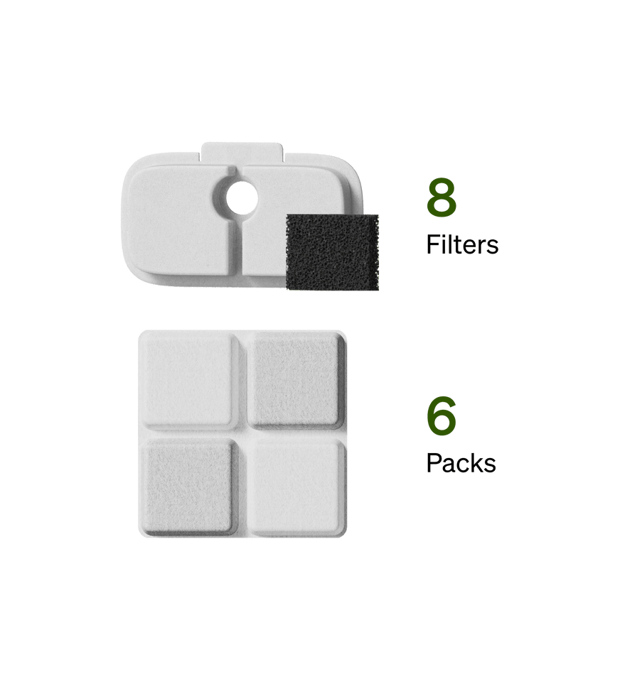 Petlibro water fountain filters, 8 white rectangular filters and 6 packs, shown on a green background.