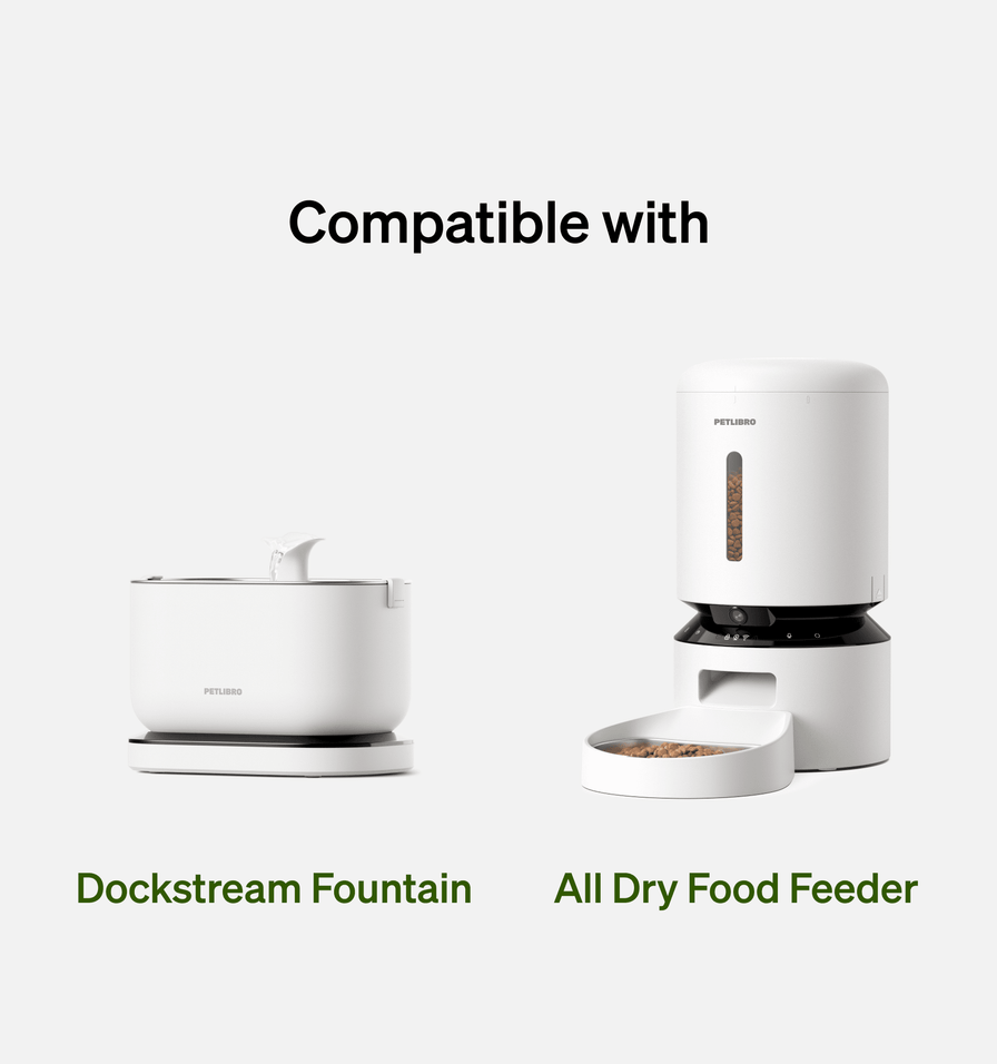 Petlibro Dockstream Fountain and All Dry Food Feeder in white, showcasing compatibility for pet hydration and feeding.