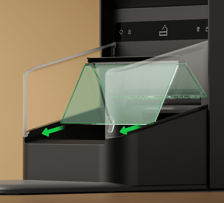 Petlibro black automatic pet feeder with transparent lid and digital control panel showing food dispensing mechanism