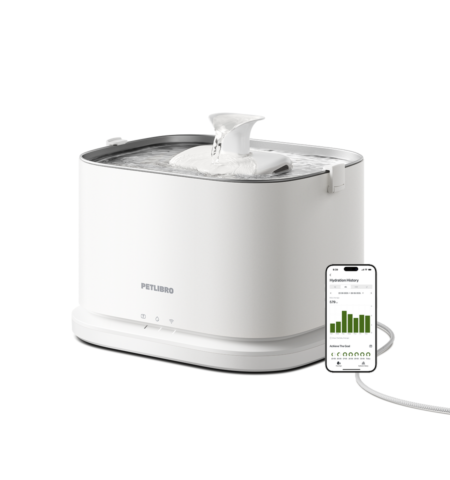 Petlibro PETLIBRO white pet fountain for cat, flowing water spout, app hydration history shown on smartphone beside unit