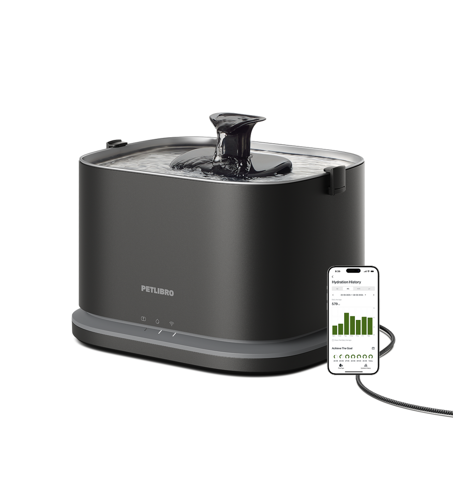 Petlibro PETLIBRO pet water fountain, dark gray, flowing spout with app screen; cat hydration accessory, not a litter box
