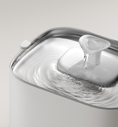 Petlibro PETLIBRO pet fountain close-up, white cat water spout pouring into stainless steel tray with ripples