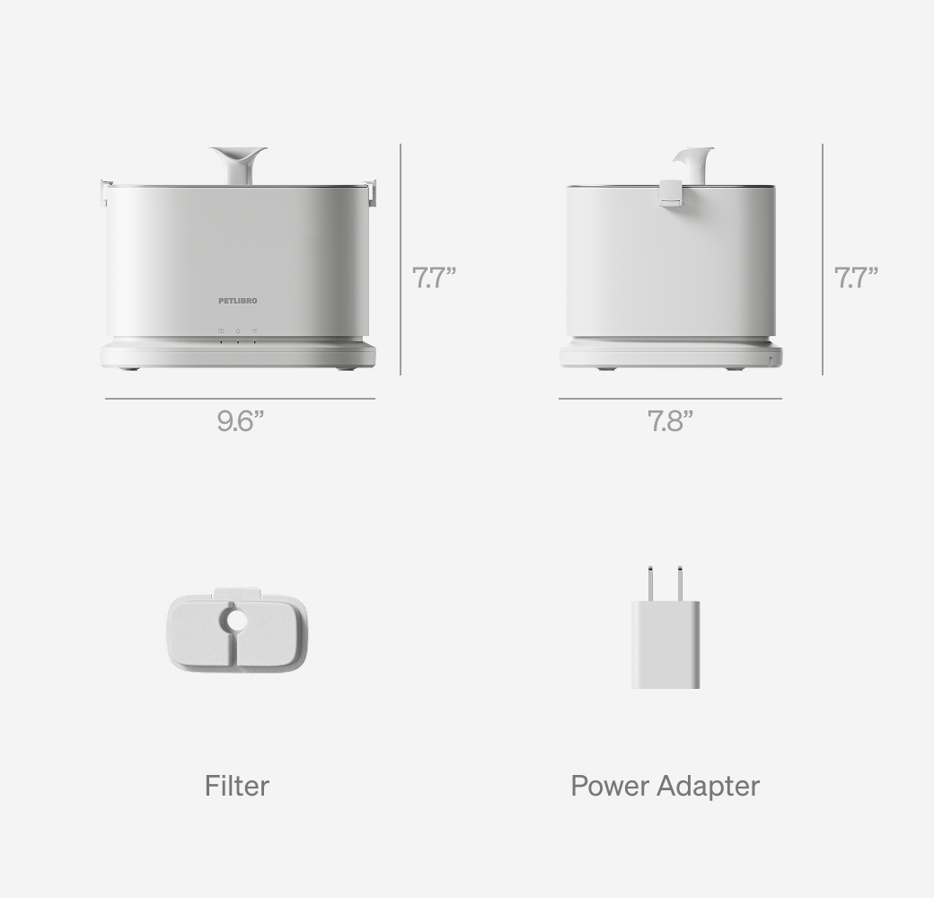 Petlibro PETLIBRO pet litter box for cat, white unit shown front and side with size labels, plus filter and power adapter