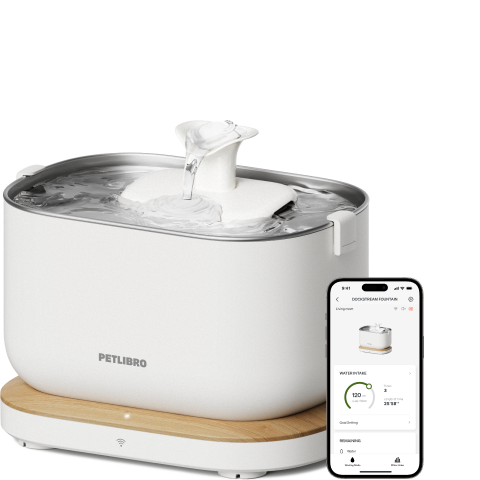 Petlibro PETLIBRO pet water fountain with flowing stream, white bowl on wood base, shown with app screen for cat care