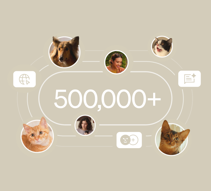 Petlibro graphic showing 500,000+ users with circular images of cats, dogs, and people connected by lines on a beige background