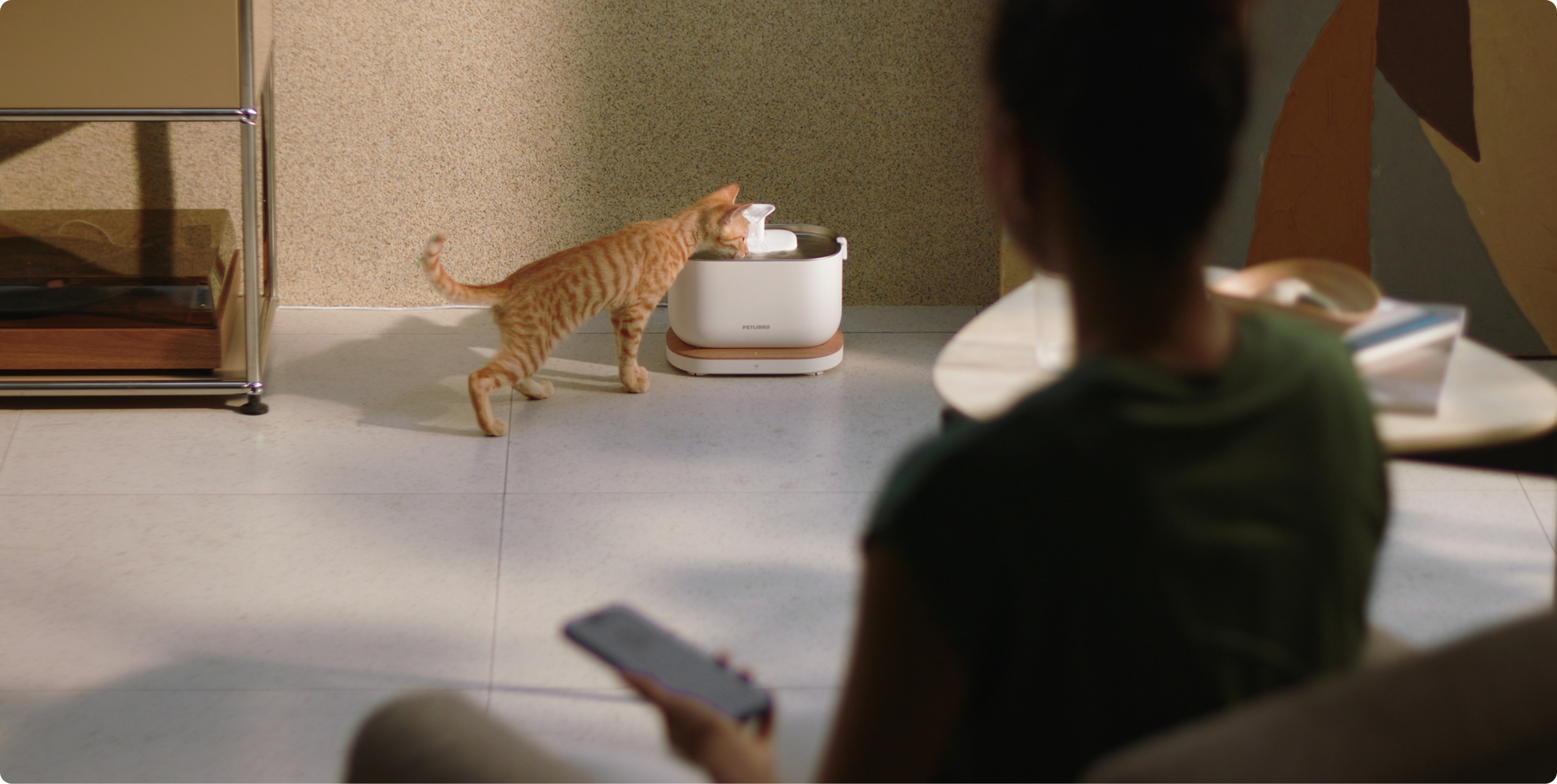 Petlibro automatic pet water fountain in white with wooden base, dispensing fresh water to an orange tabby cat indoors