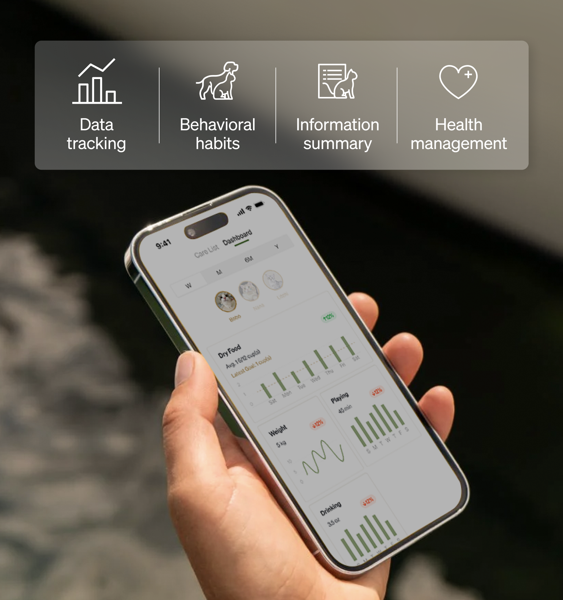 Petlibro mobile app interface showing pet care dashboard with data tracking, behavioral habits, information summary, and health management features