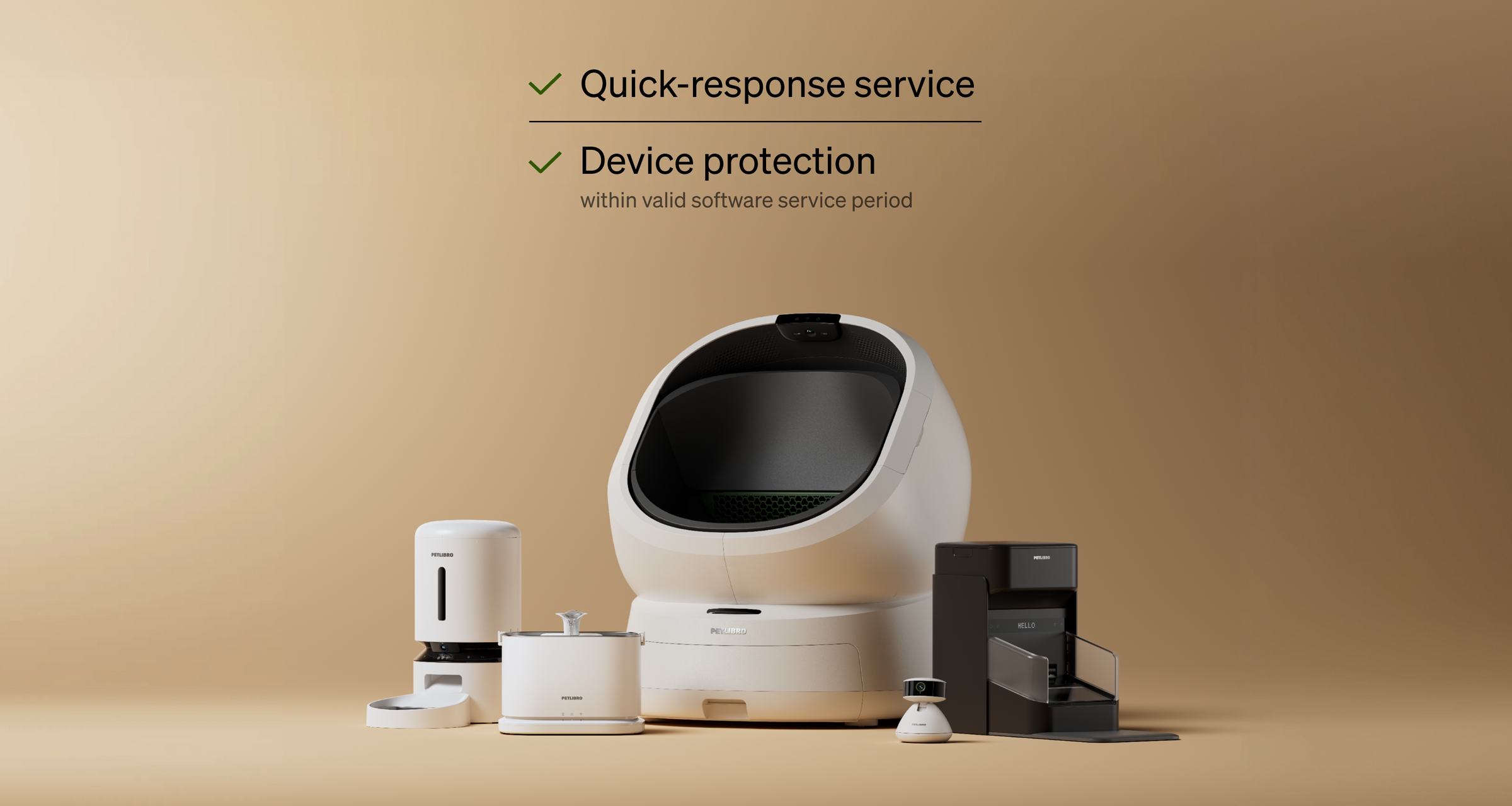 Petlibro smart pet care devices including automatic feeder, water fountain, litter box, and pet camera on beige background