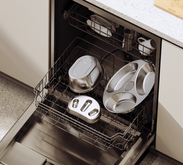 Petlibro stainless steel pet bowls in various shapes placed inside an open dishwasher for cleaning.