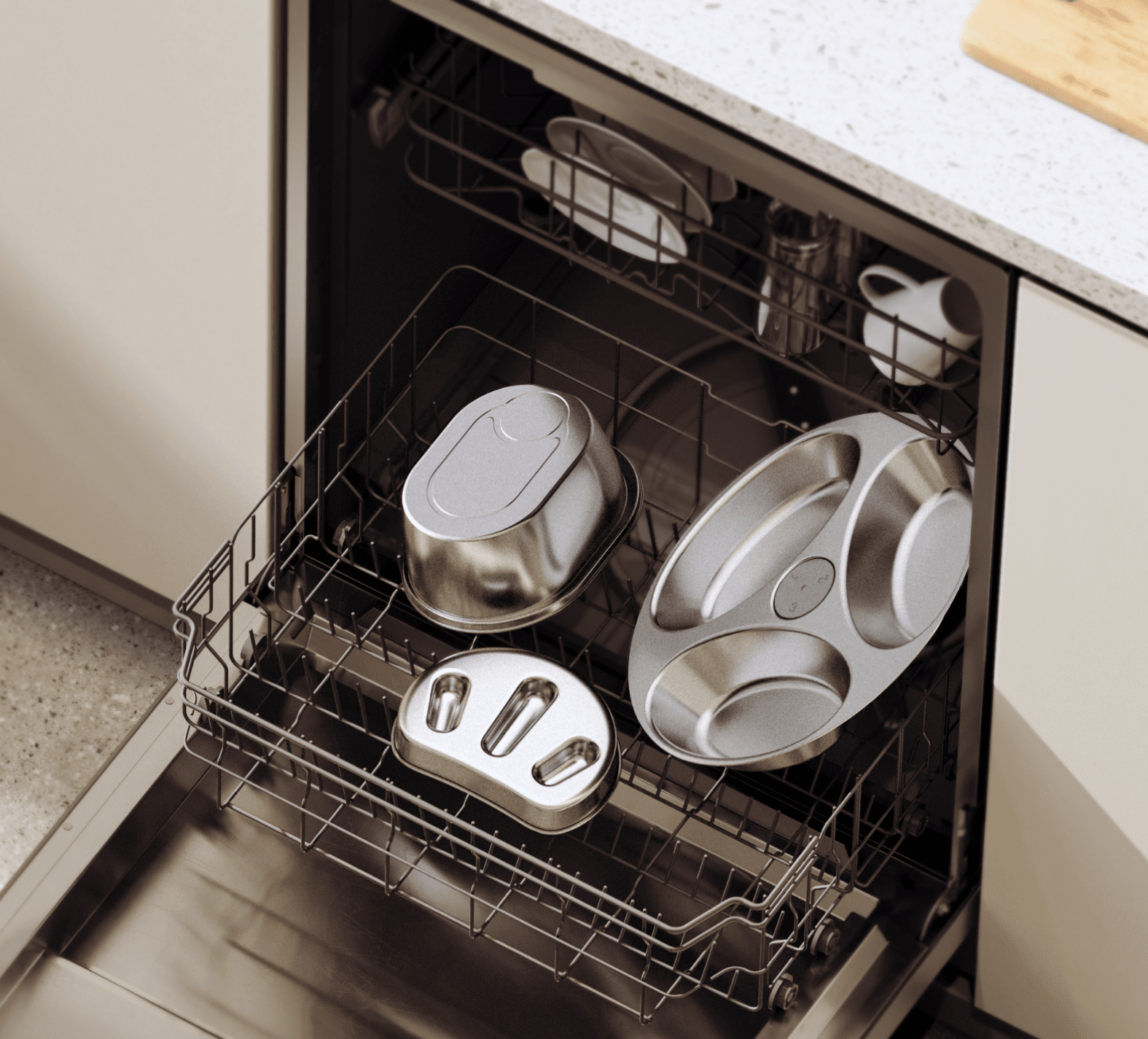 Petlibro stainless steel pet bowls and feeding trays inside an open dishwasher in a modern kitchen setting