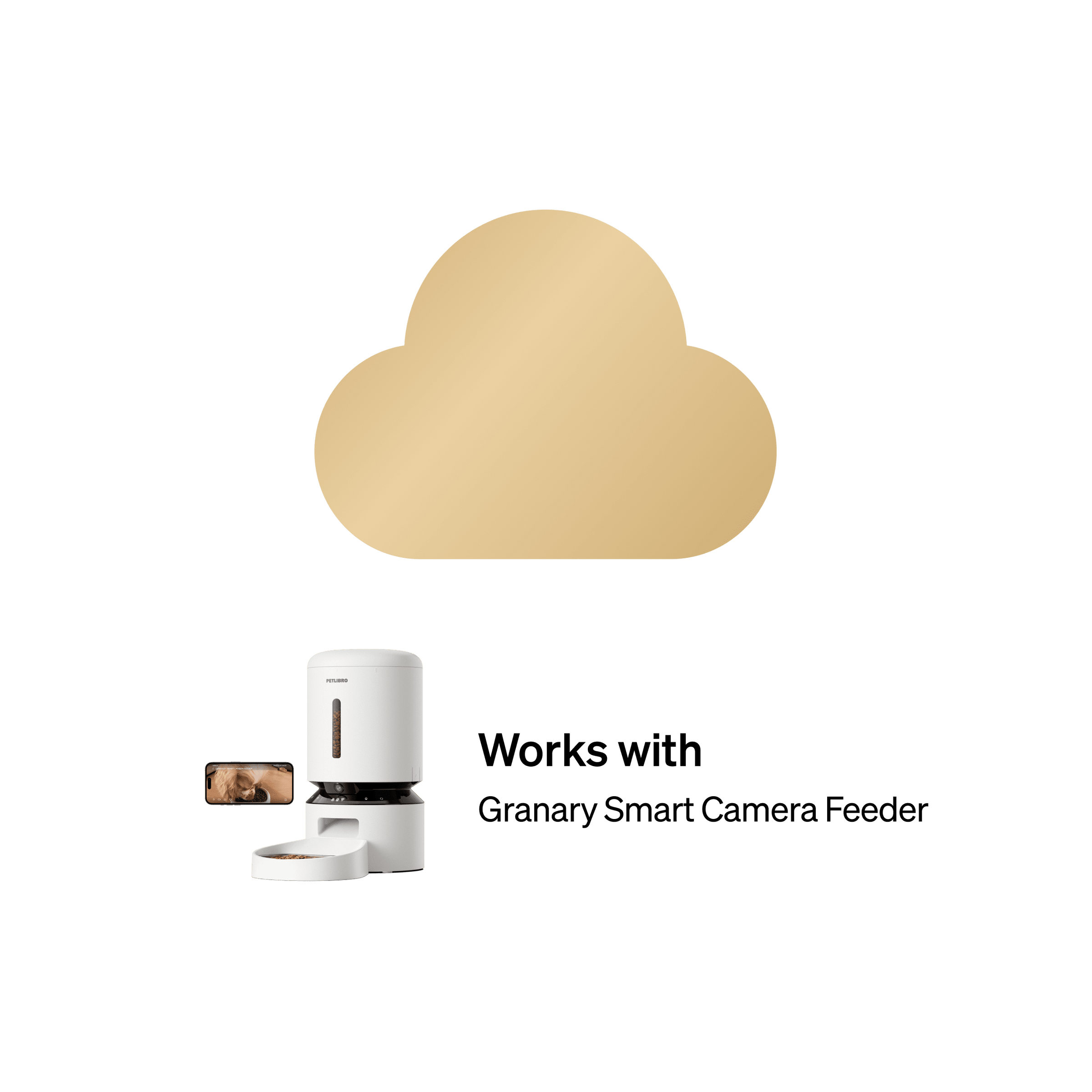 Petlibro white automatic smart pet feeder with camera and food storage container shown with smartphone monitoring screen