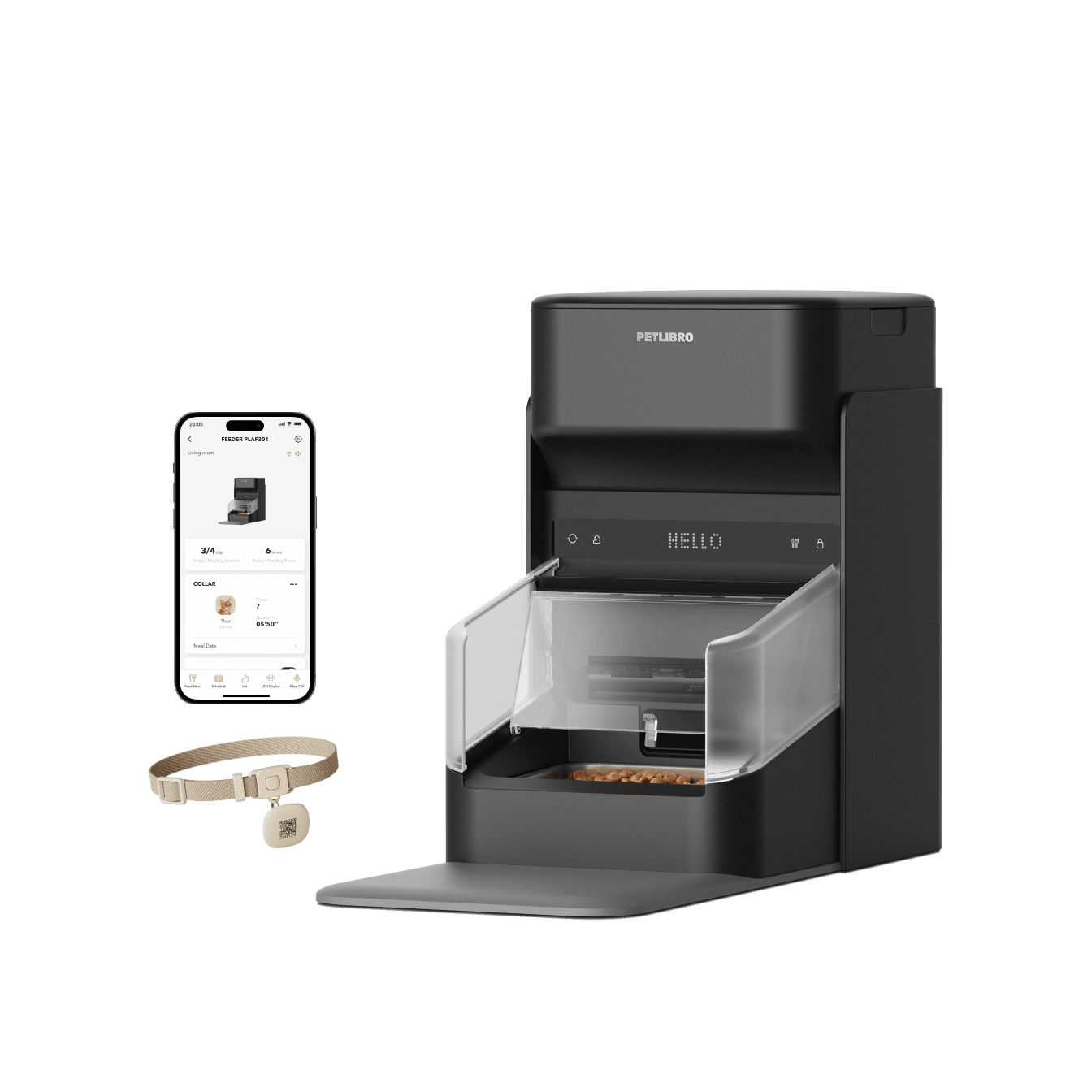 Petlibro smart automatic pet feeder in black with transparent food compartment, mobile app, and pet collar tracker