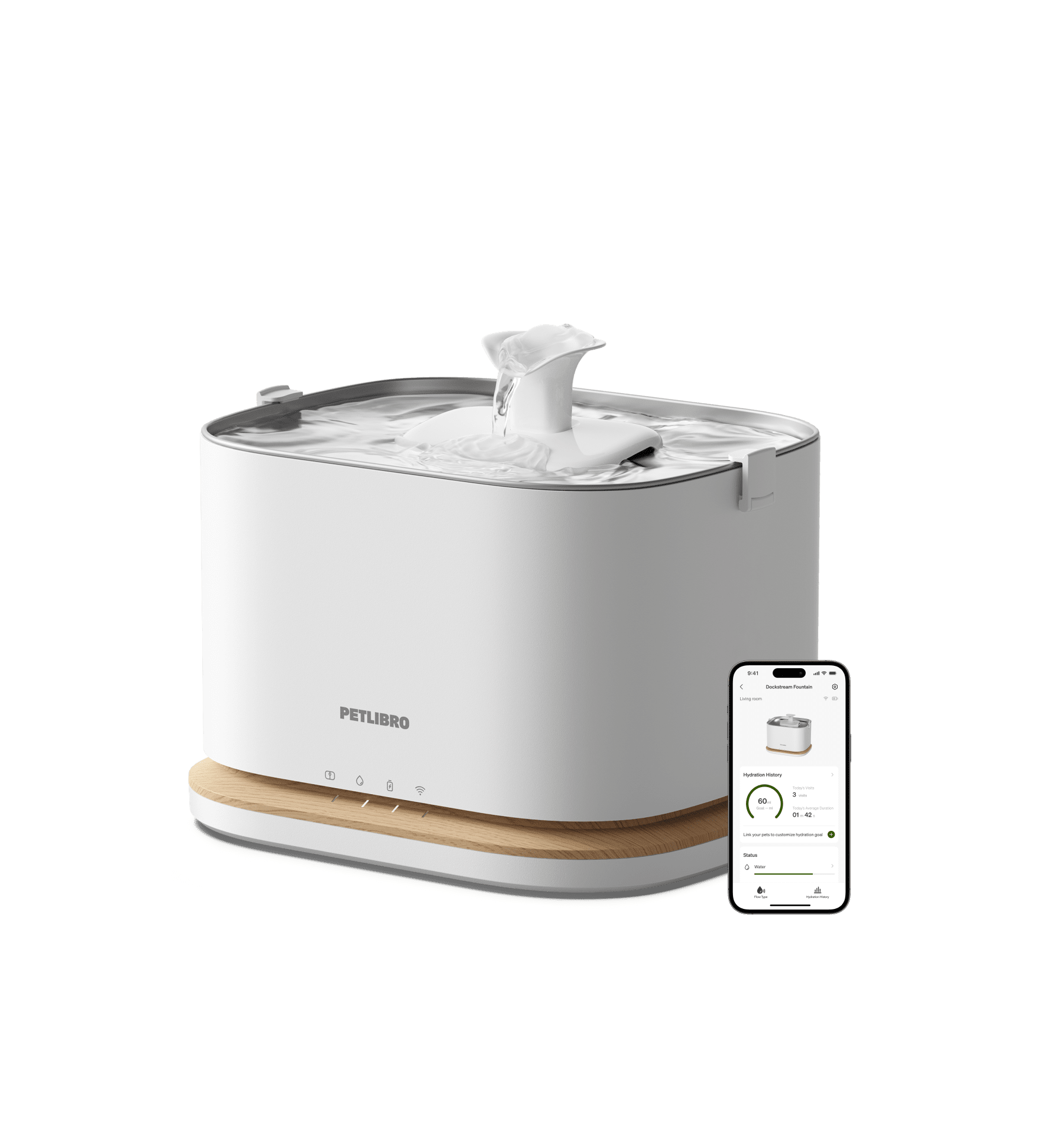 Petlibro PETLIBRO pet fountain for cat, white water dispenser with flowing spout on wood base, app screen shown