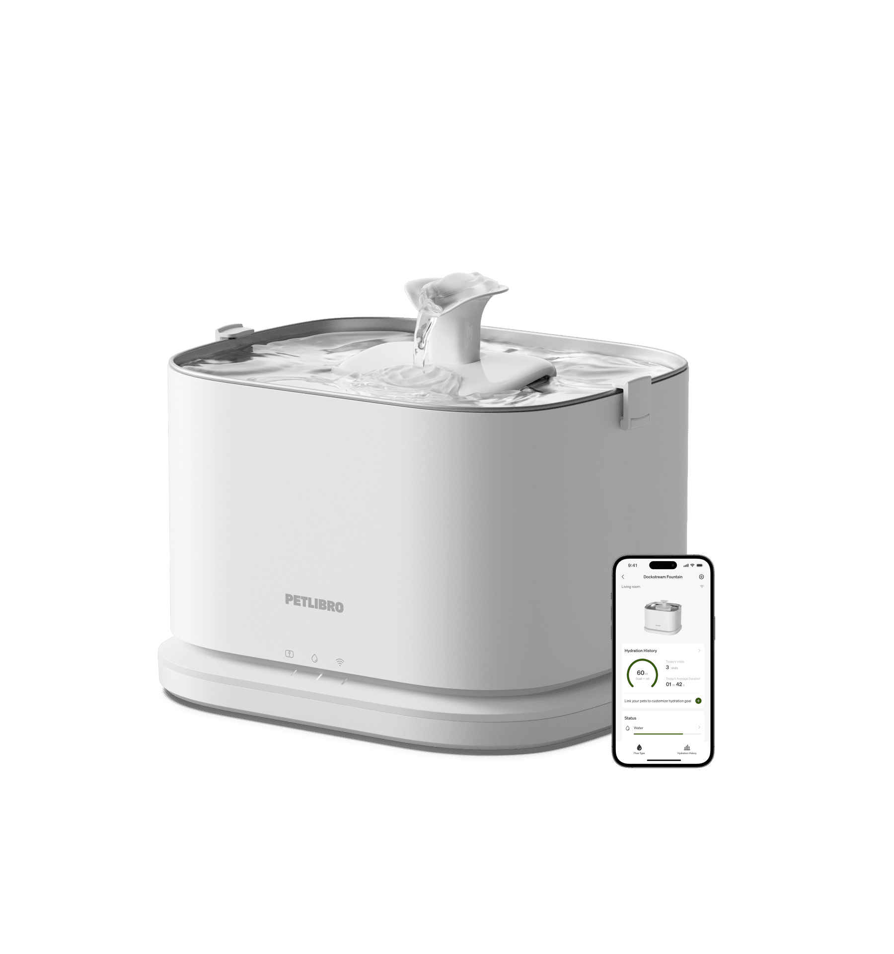 Petlibro PETLIBRO white pet fountain for cat, flowing water spout, with app screen showing hydration tracking on phone